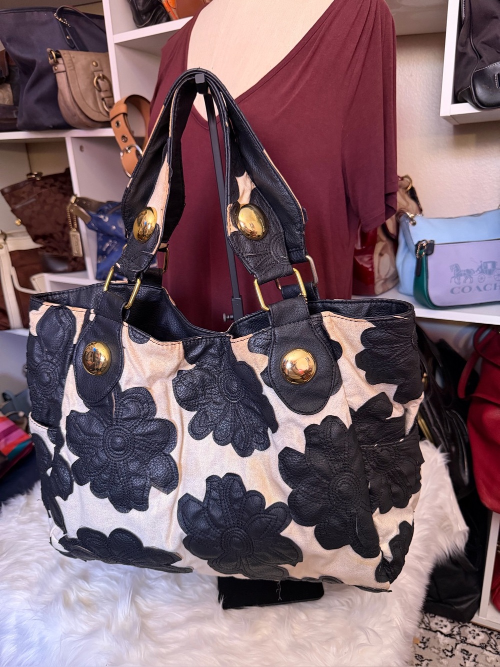 Black Floral Appliqué Canvas Tote Bag